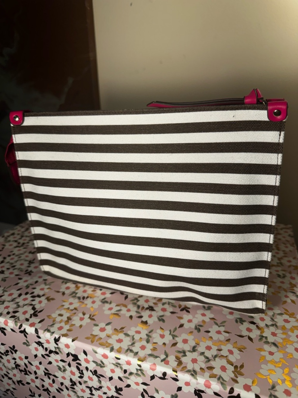 Henri Bendel Iconic Striped Canvas Clutch with Hot Pink Trim - Picture 3 of 5